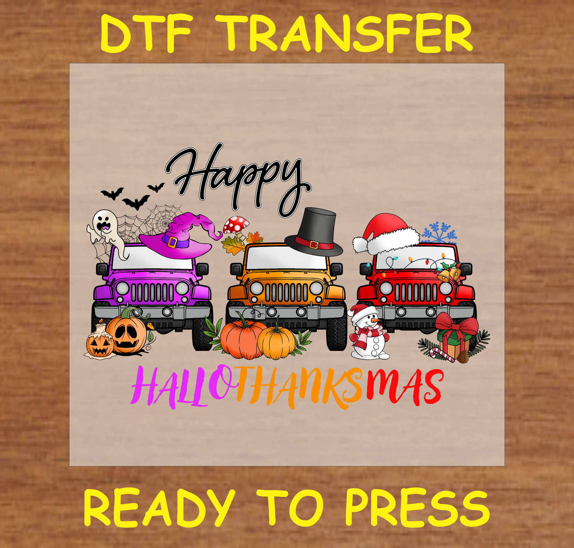 Three Trucks decorated for Halloween, Thanksgiving, and Christmas with festive elements, Happy HalloThanksMas DTF transfer.