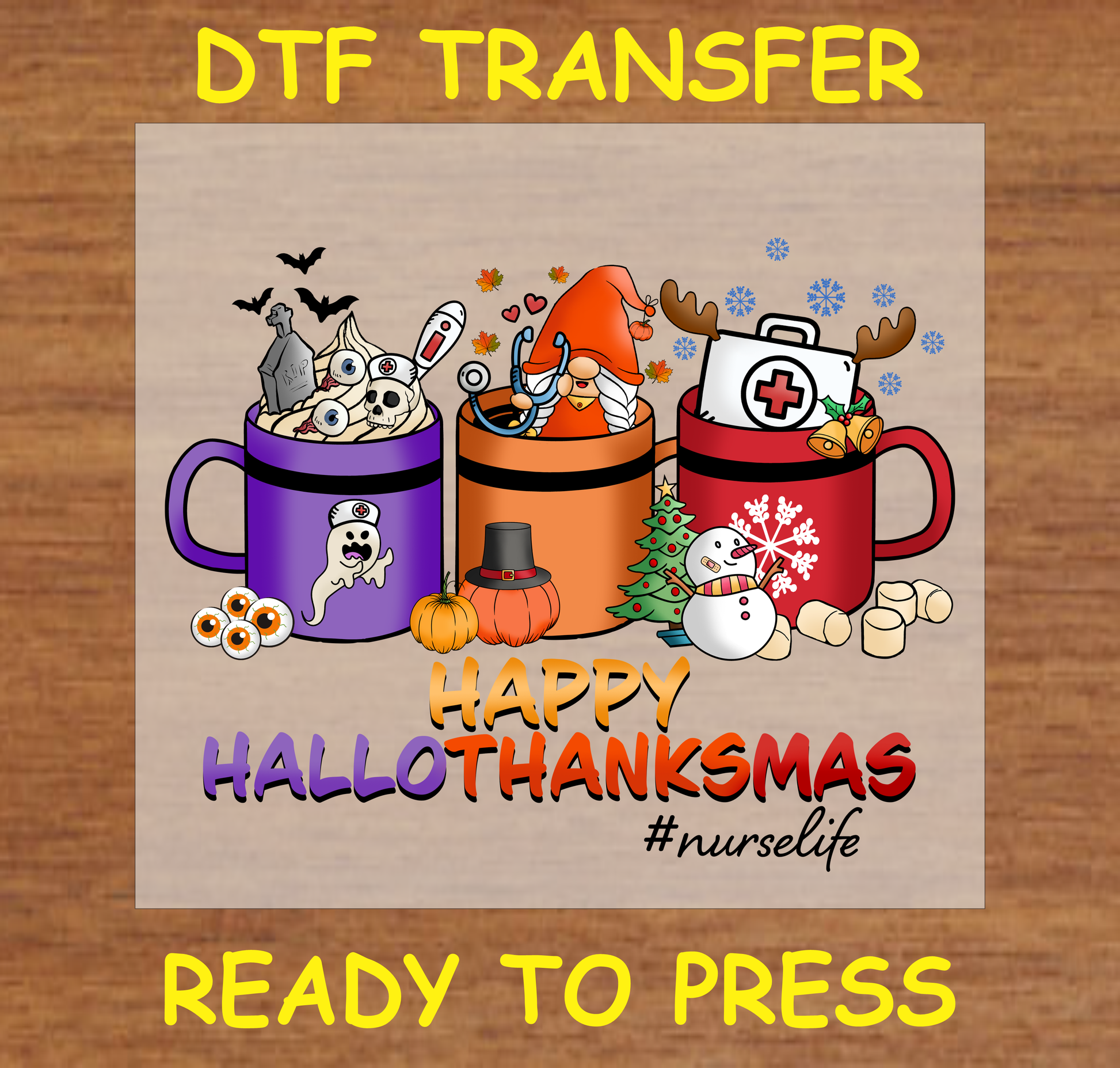 Three festive mugs with Halloween, Thanksgiving, and Christmas designs with the text "Happy HalloThanksMas #NurseLife" DTF transfer.