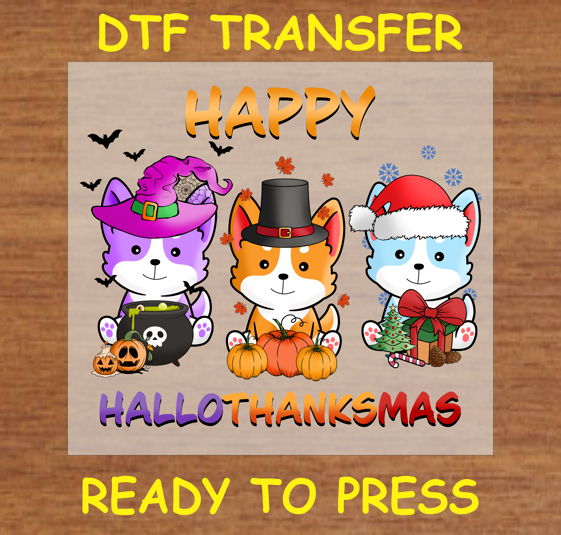 Three dogs dressed for Halloween, Thanksgiving, and Christmas in festive attire, surrounded by holiday-themed elements, Happy HalloThanksMas DTF transfer.