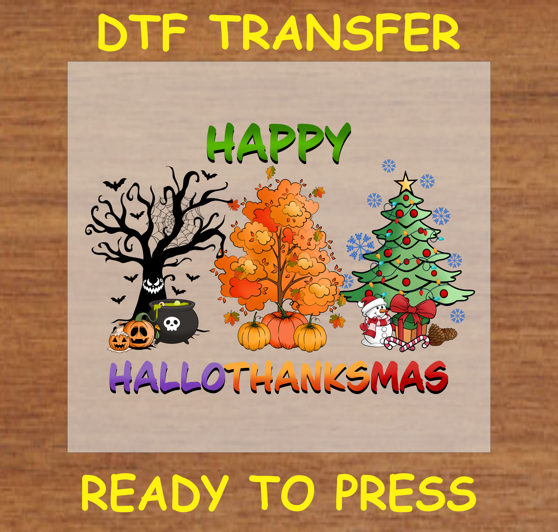 Festive DTF Transfer featuring Halloween, Thanksgiving, and Christmas-themed trees with pumpkins and holiday decor.