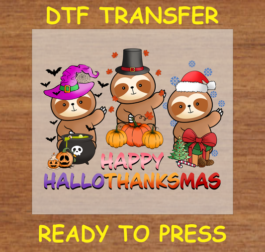 Three sloths dressed for Halloween, Thanksgiving, and Christmas with "Happy HalloThanksMas" text.