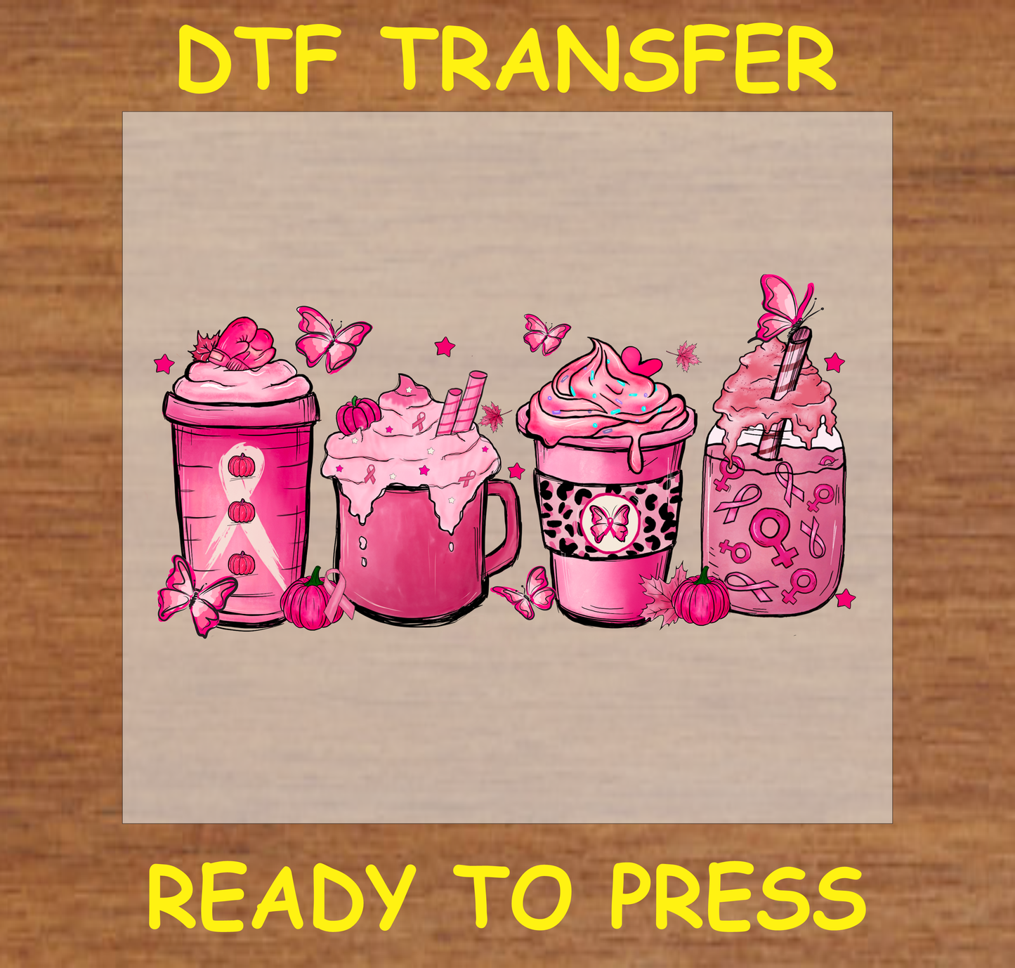 Four pink-themed coffee mugs with butterflies and decorative accents, perfect for DTF transfer.