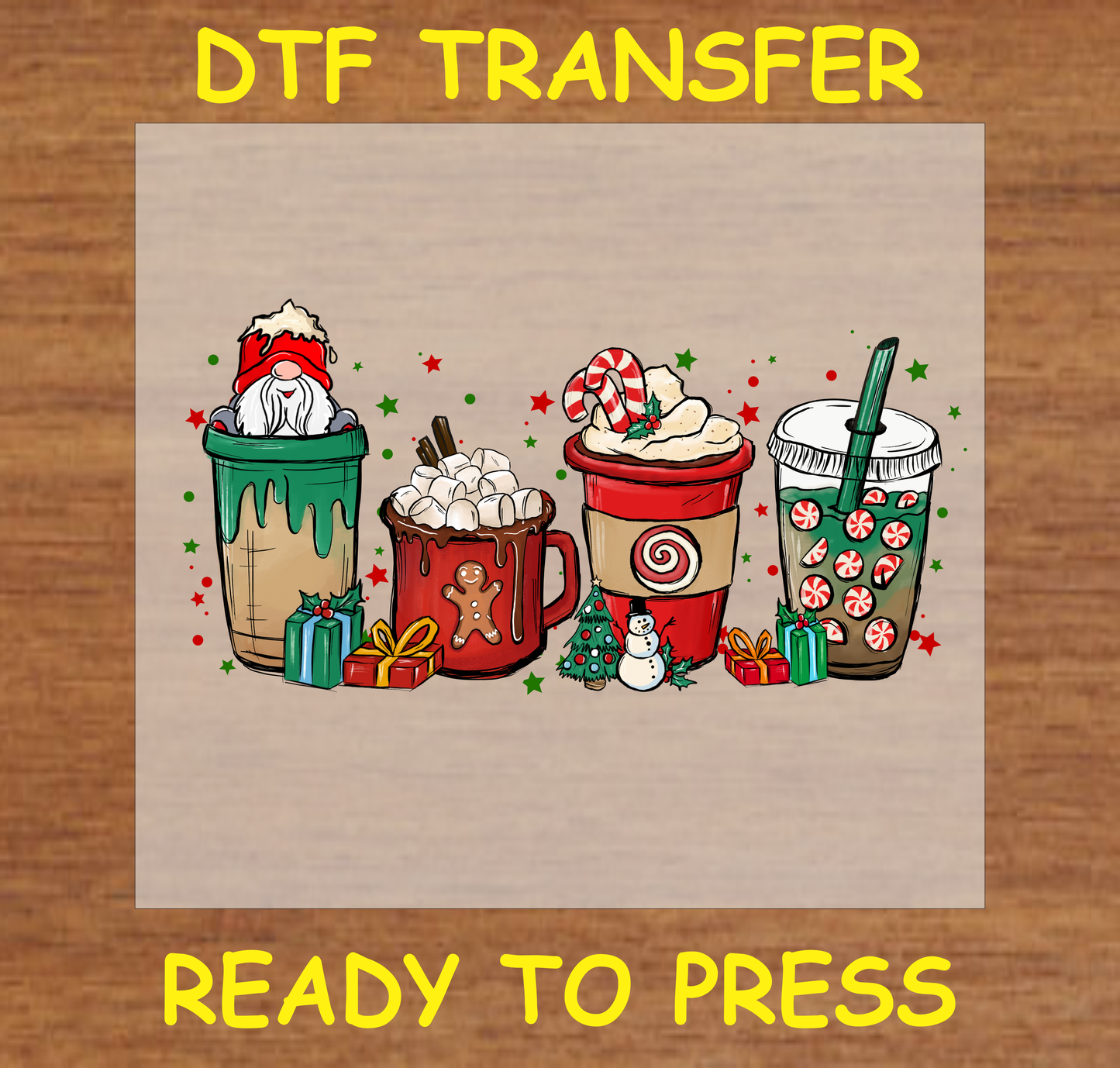 Four festive holiday-themed coffee drinks DTF transfer design with gingerbread, peppermint, and presents.