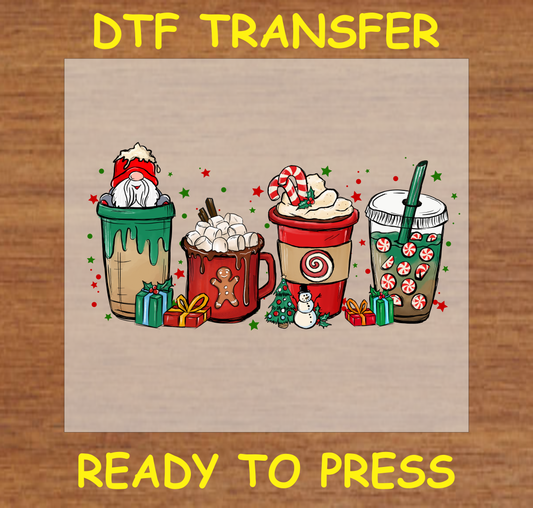 Four festive holiday-themed coffee drinks DTF transfer design with gingerbread, peppermint, and presents.