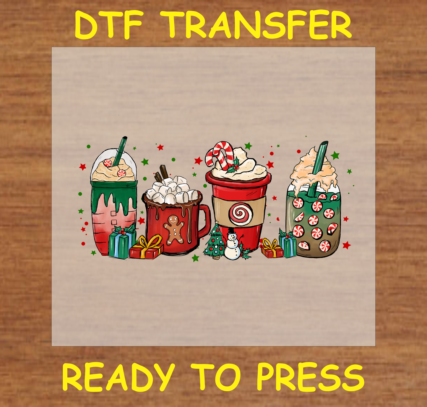 Festive Drinks Holiday DTF Transfer with four Christmas-themed drinks.