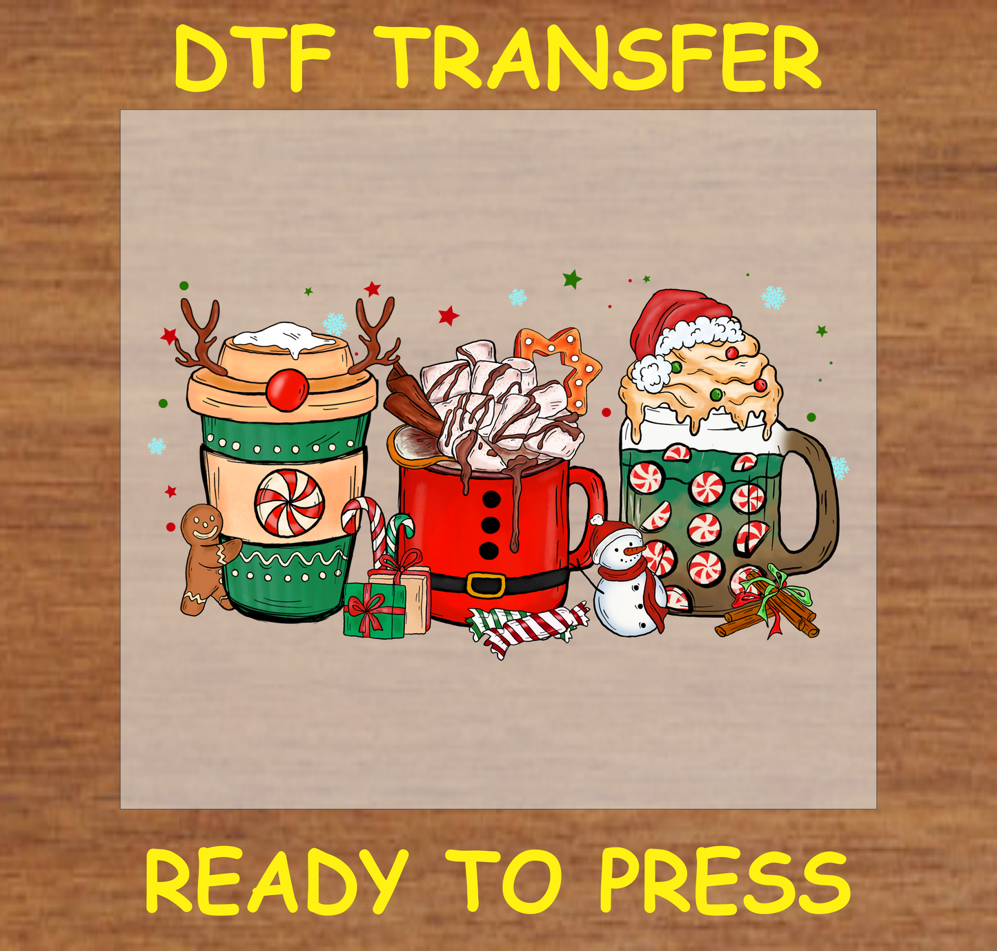 Festive mugs holiday DTF transfer featuring mugs with reindeer antlers, Santa hat, peppermint decorations, and a gingerbread man.