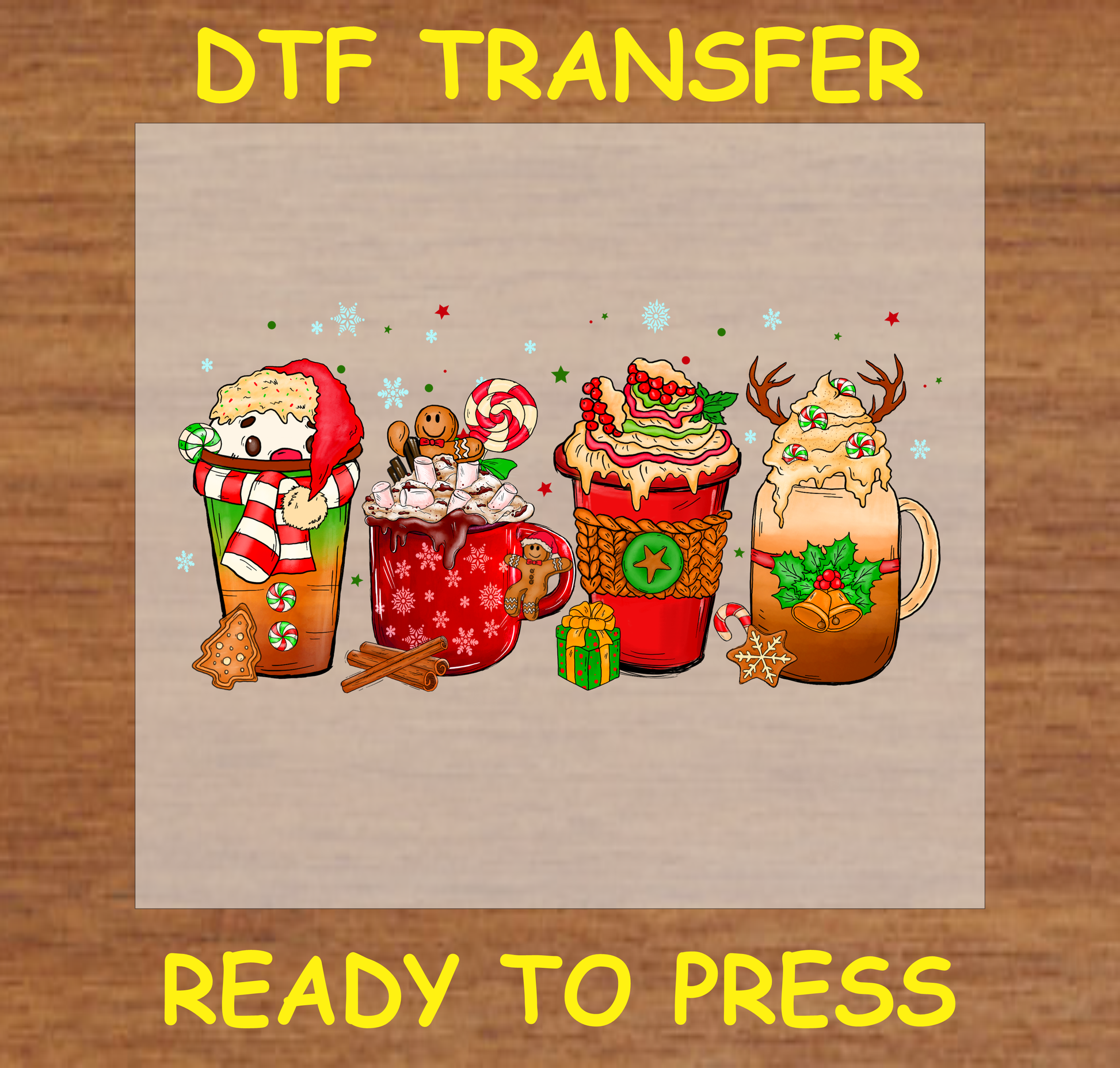 Festive Holiday Mugs DTF transfer featuring colorful holiday-themed mugs with gingerbread, candy canes, and holly.