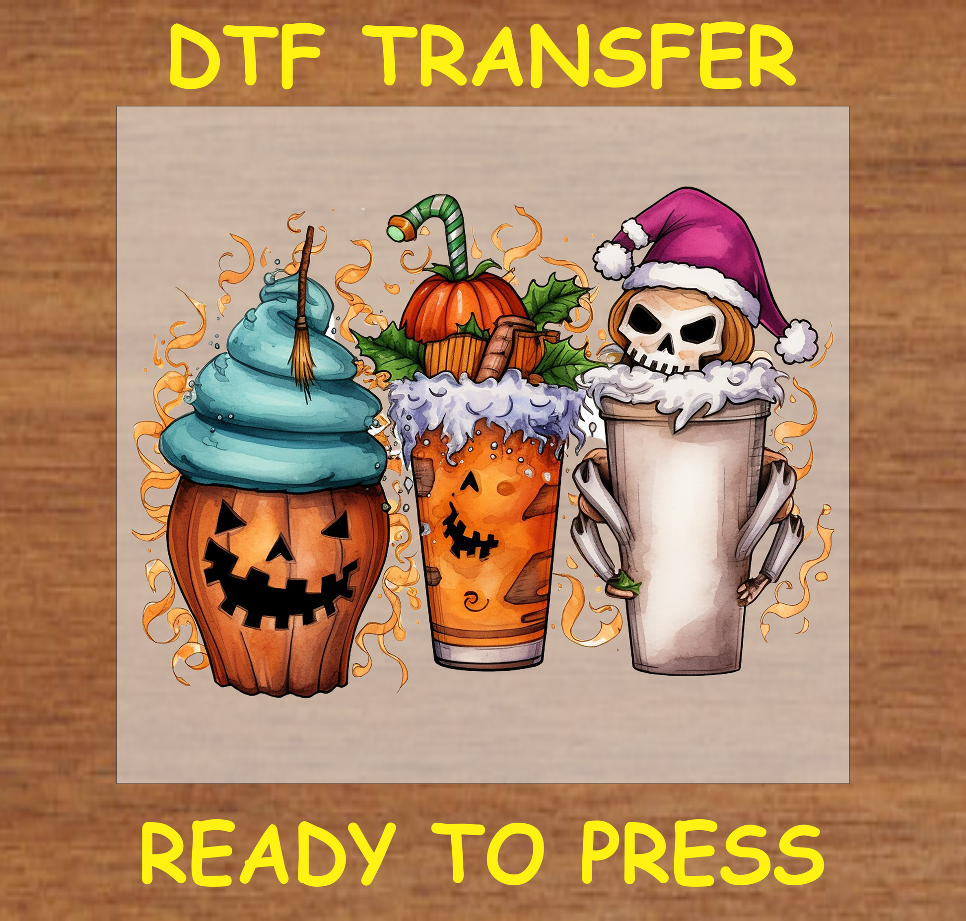 Three festive mugs decorated with Halloween, Thanksgiving, and Christmas themes, ready for DTF transfer printing.