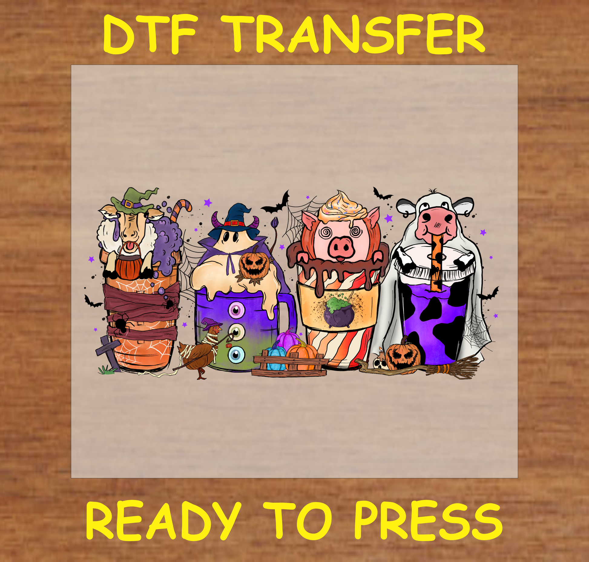 Halloween-themed farm animal cups DTF transfer featuring a cow, pig, goat, and chicken in Halloween costumes.