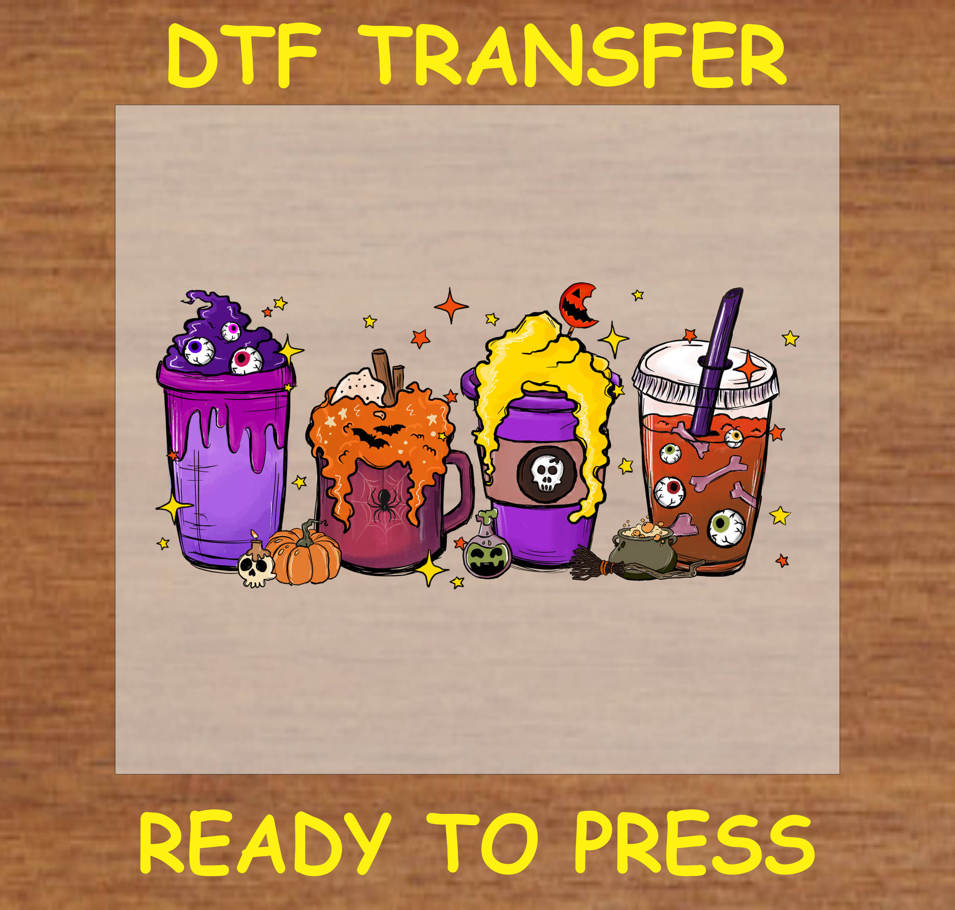 Four Halloween-themed mugs with quirky designs, ready for DTF printing.