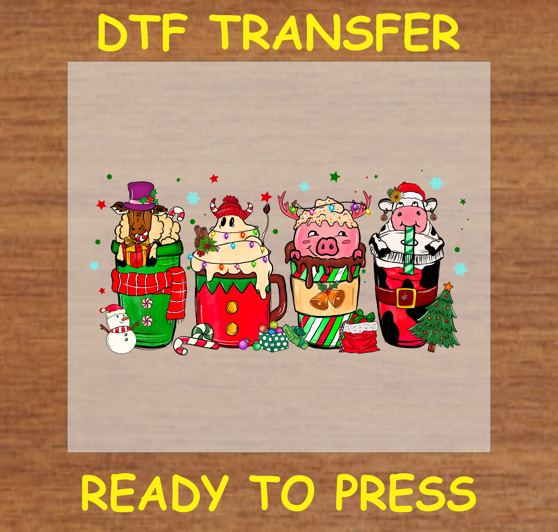 Farm animals in festive Christmas mugs, ready to press DTF transfer.