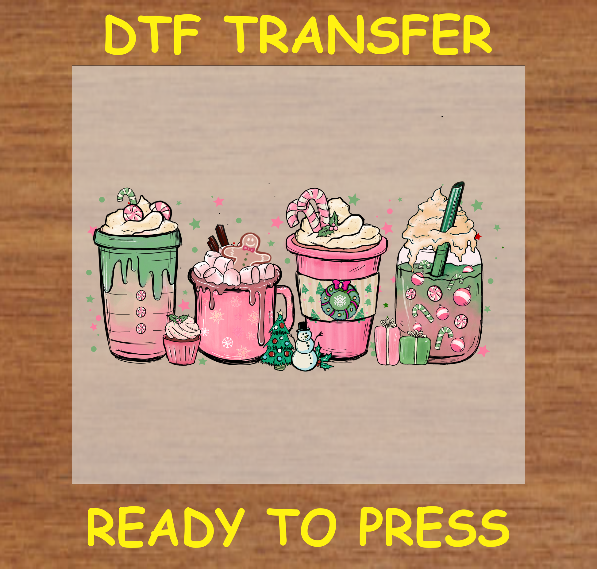 Pink Christmas Mugs DTF Transfer with four festive mugs featuring holiday themes.