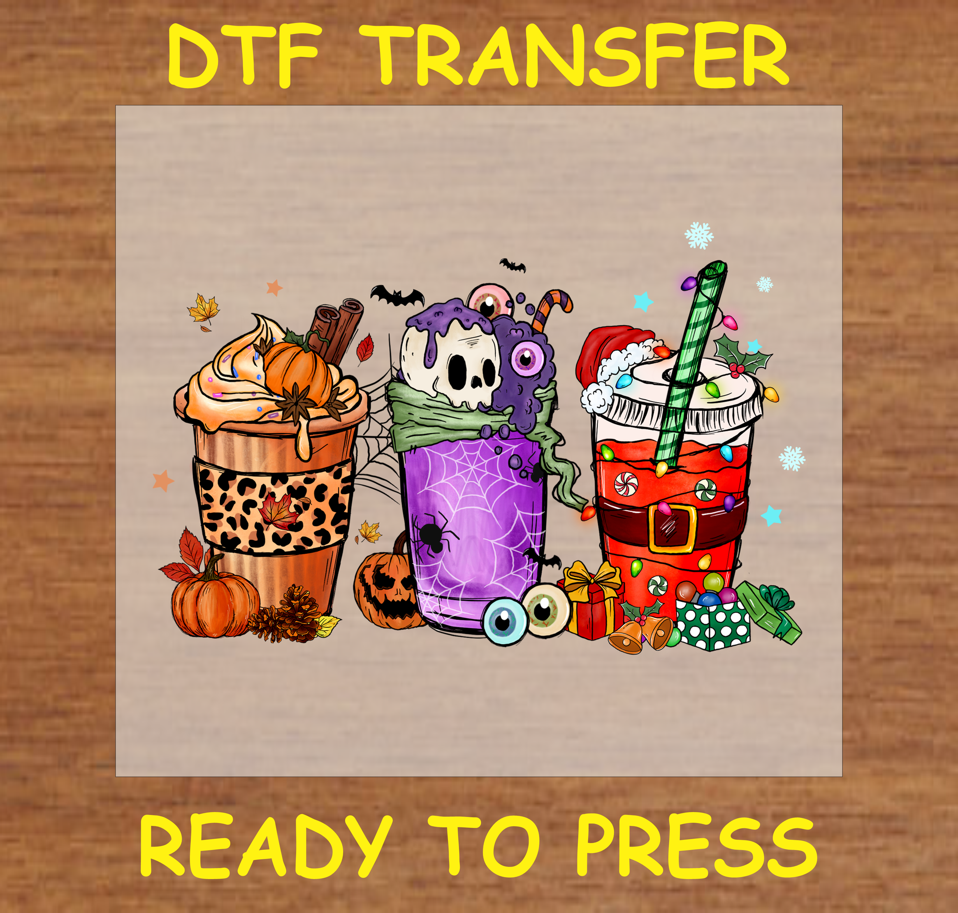 HalloThanksMas-themed mugs featuring Halloween, Thanksgiving, and Christmas designs, ready to press DTF transfer.