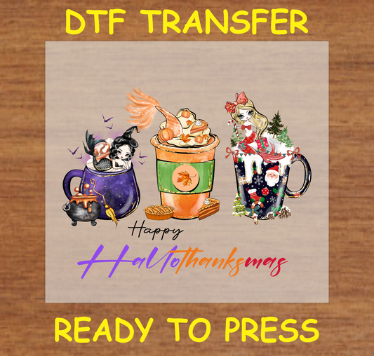 Three festive mugs for Halloween, Thanksgiving, and Christmas with the text "Happy Hallothanksmas" ready to press DTF Transfer.