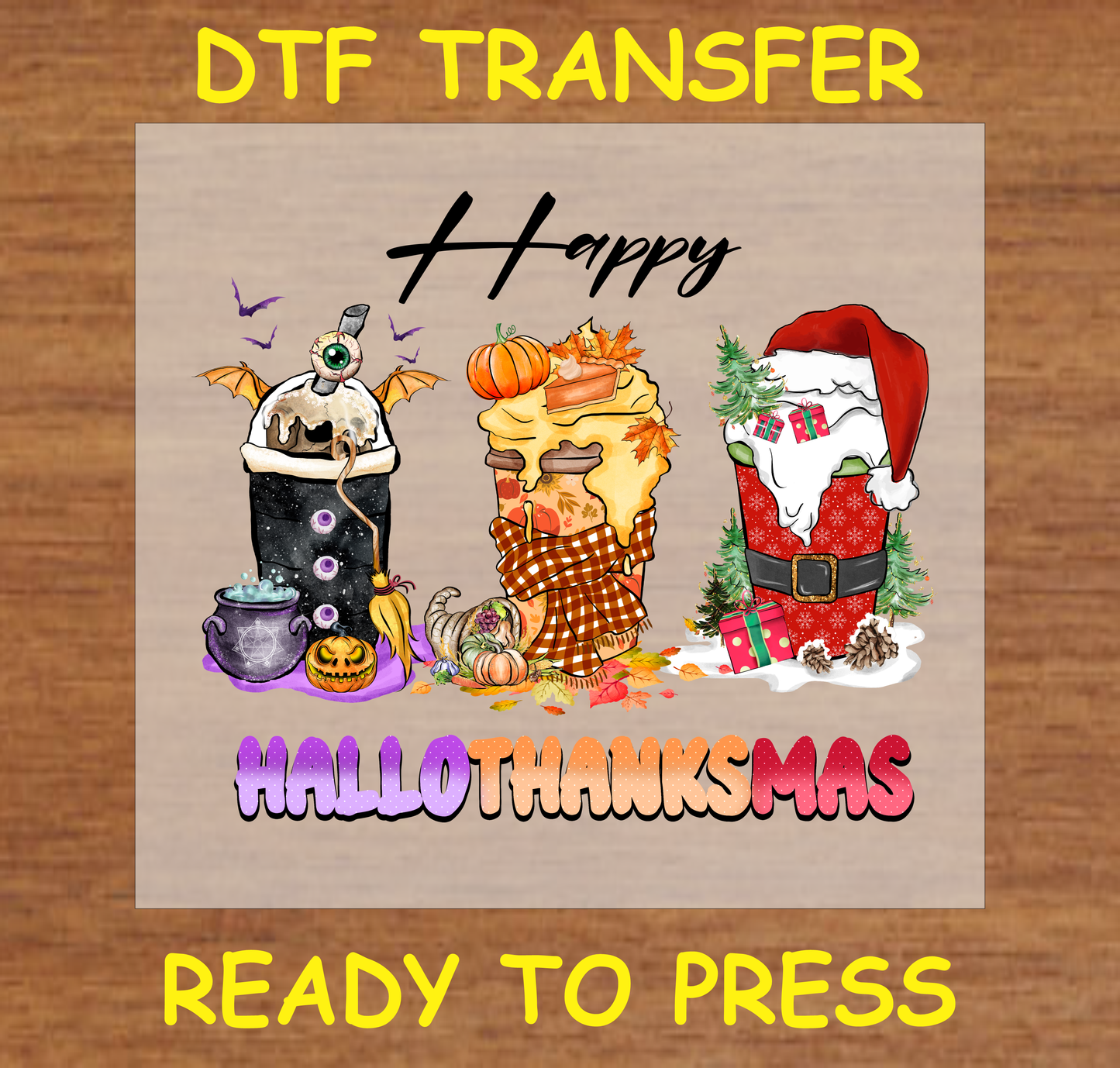 Festive mugs with Halloween, Thanksgiving, and Christmas designs, labeled "Happy Hallothanksmas" - DTF transfer ready to press.