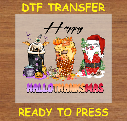 Festive mugs with Halloween, Thanksgiving, and Christmas designs, labeled "Happy Hallothanksmas" - DTF transfer ready to press.