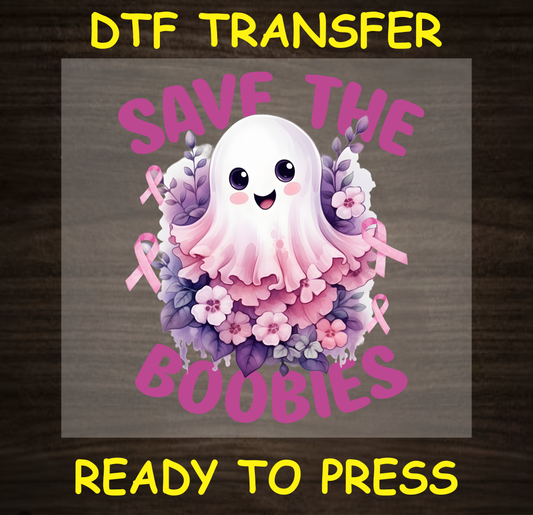 Save The Boobies ghost-themed DTF transfer for Breast Cancer Awareness