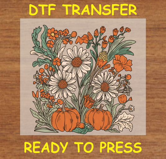 Fall flowers and pumpkins DTF transfer design with vibrant floral and autumn elements.