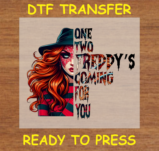 One, Two, He's Coming For You DTF Transfer featuring a red-haired woman with face paint and Horror-themed text.