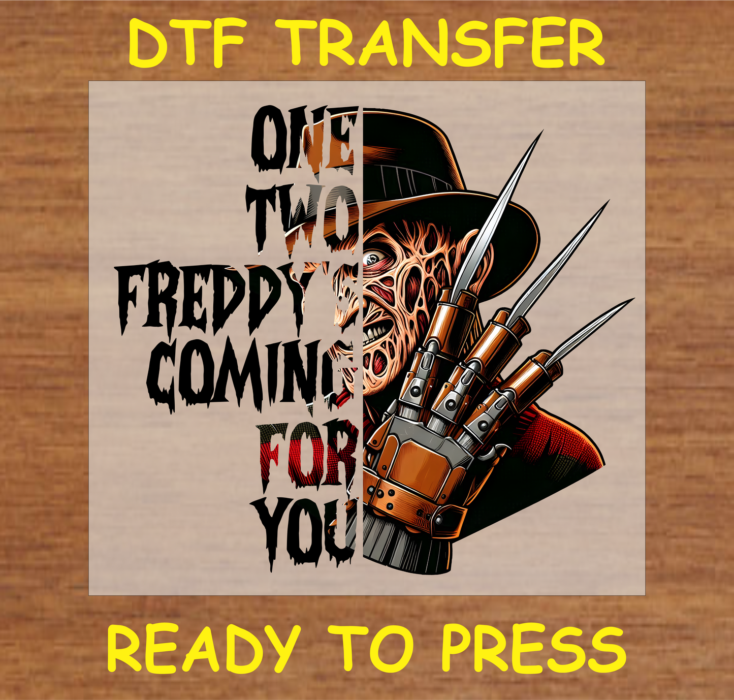 One Two He's Coming For You DTF Transfer Design with Iconic Horror Character Illustration.