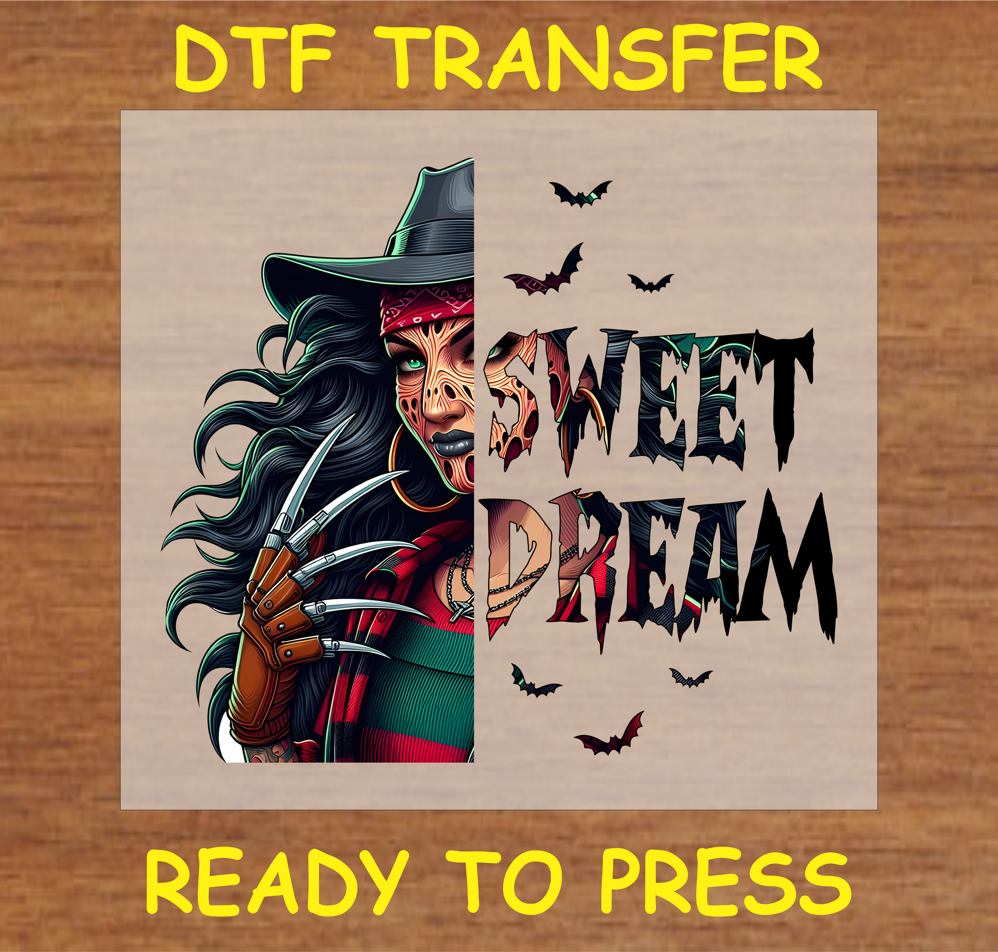 Sweet Dream horror-themed DTF transfer featuring a spooky character with clawed glove and bats.