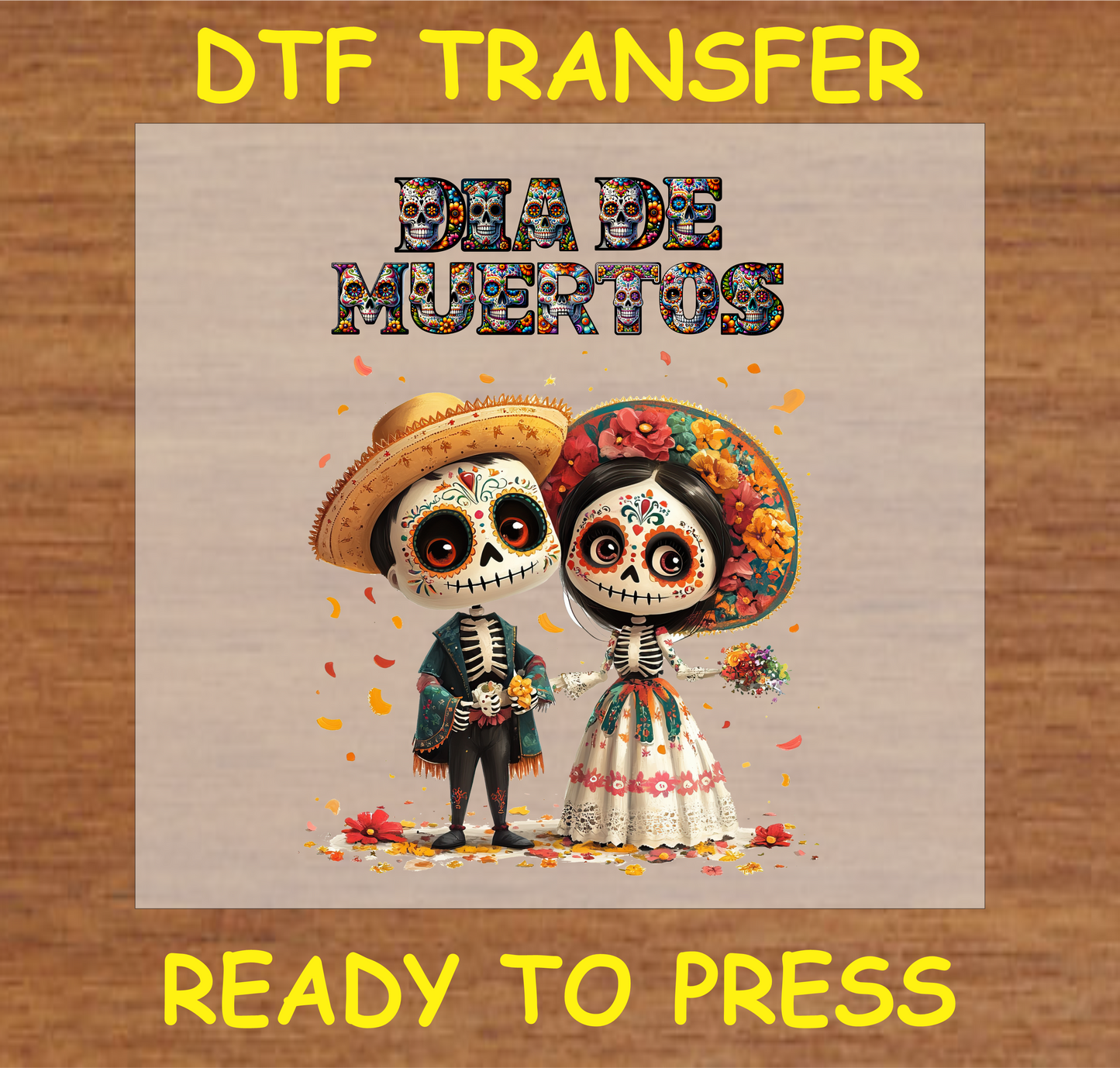 "Día de Muertos DTF Transfer with a cute skeleton couple in traditional Mexican clothing"