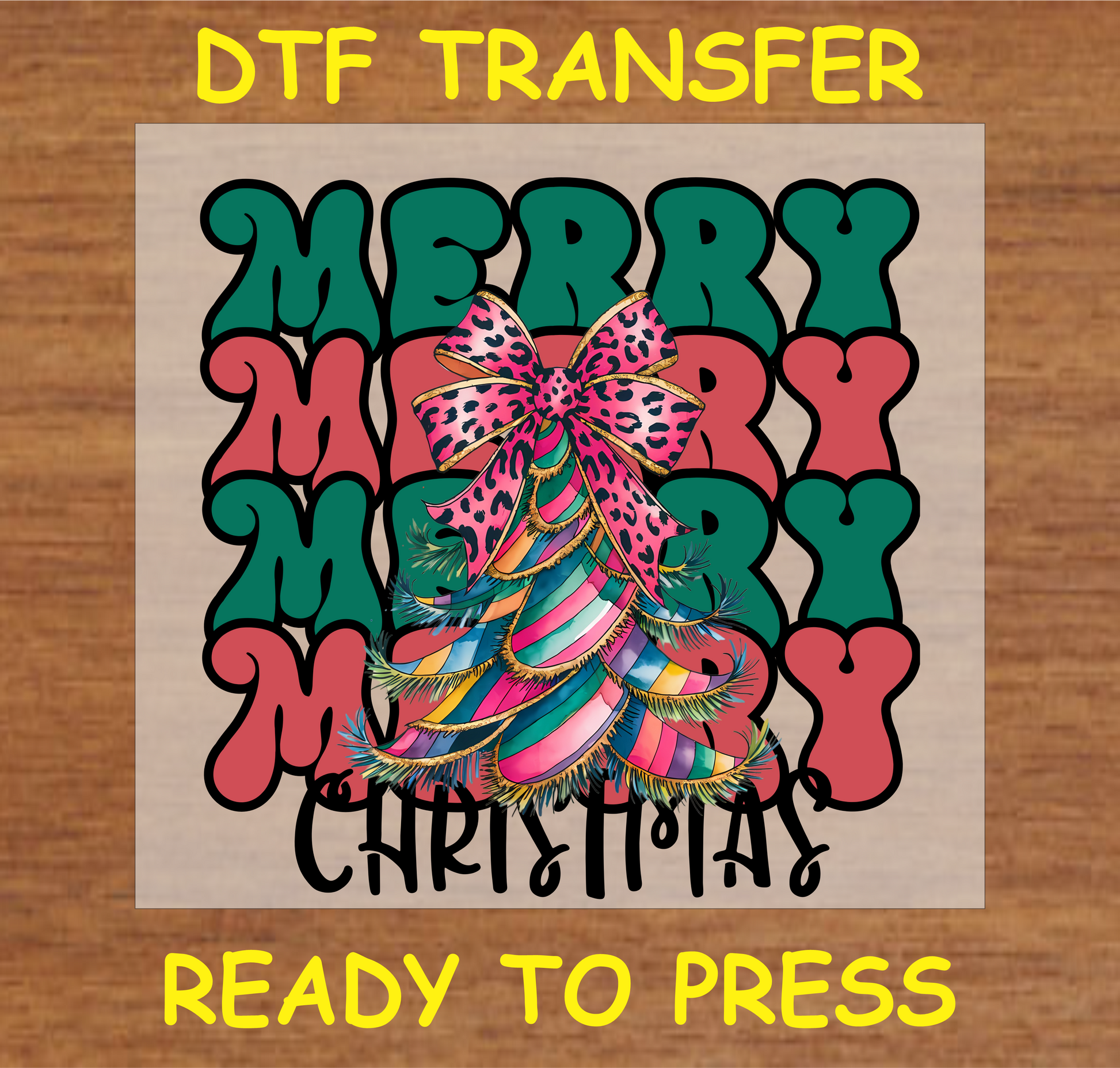 Colorful Christmas tree with leopard bow and "Merry Christmas" text DTF transfer design.