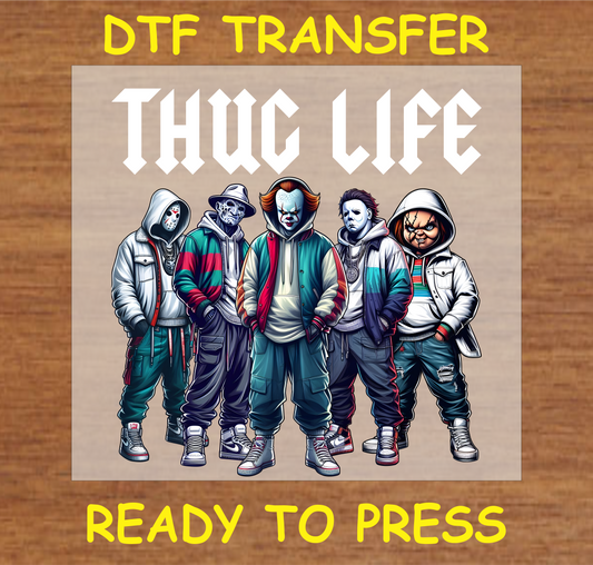 Thug Life Horror Crew DTF Transfer featuring iconic horror characters in streetwear style.