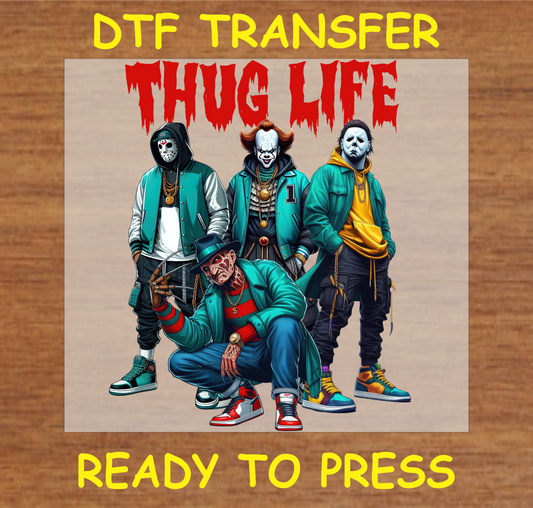 Horror movie characters dressed in streetwear with "Thug Life" text - DTF Transfer Design