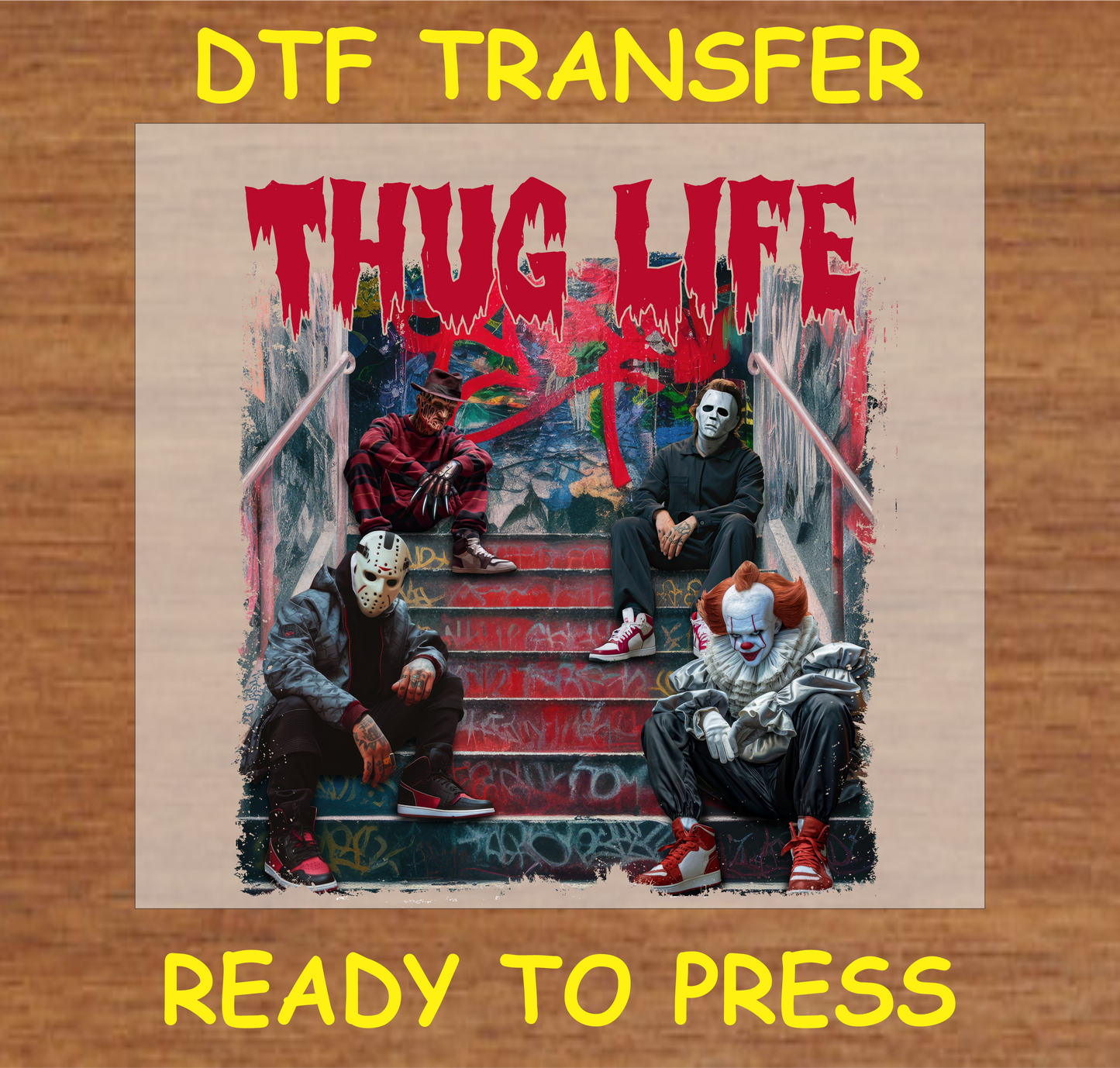 Thug Life Horror Legends DTF Transfer featuring iconic horror characters in an urban setting with graffiti.