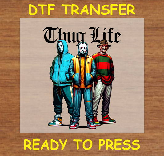 Three horror characters in urban attire with the text "Thug Life."