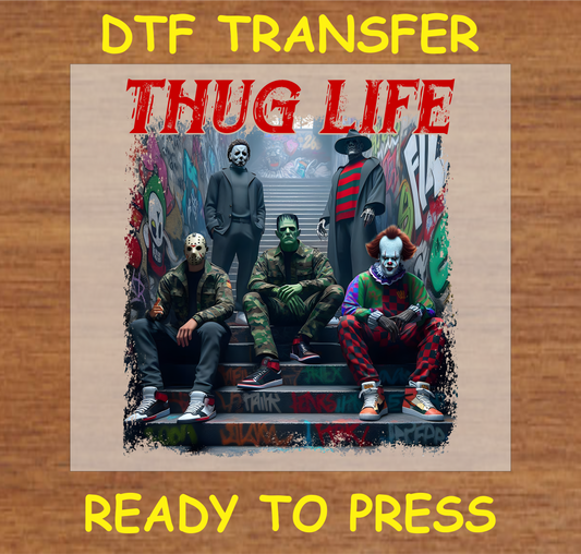 Thug Life horror characters DTF transfer featuring popular horror icons in a graffiti street setting.