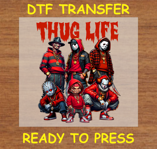 Horror characters in street-style attire with "Thug Life" text - DTF transfer design.