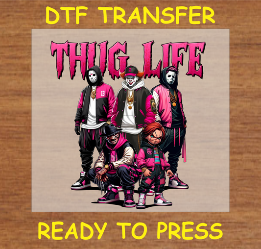 Thug Life Horror Gang DTF Transfer - Pink Edition featuring iconic horror characters in pink and black street style outfits.