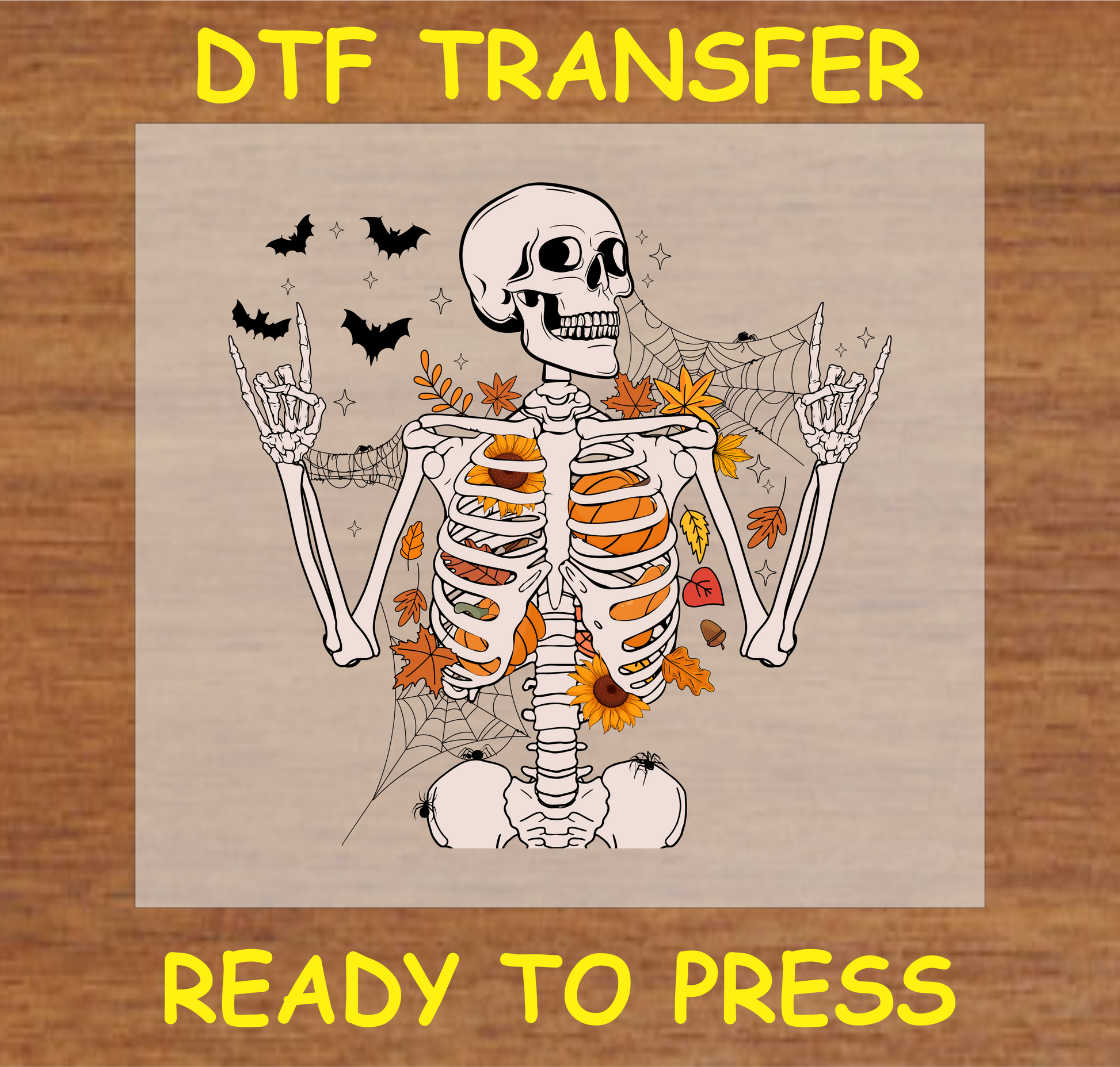 Skeleton with fall elements including leaves, spiderwebs, and pumpkins, DTF transfer ready to press.