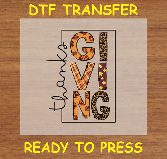 Thanksgiving-themed "Thanks GIVING" DTF transfer with plaid, leopard print, and autumn leaves, ready to press.