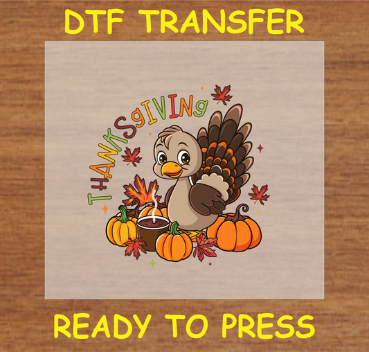 Thanksgiving-themed DTF transfer with a turkey, pumpkins, and fall leaves, ready to press.