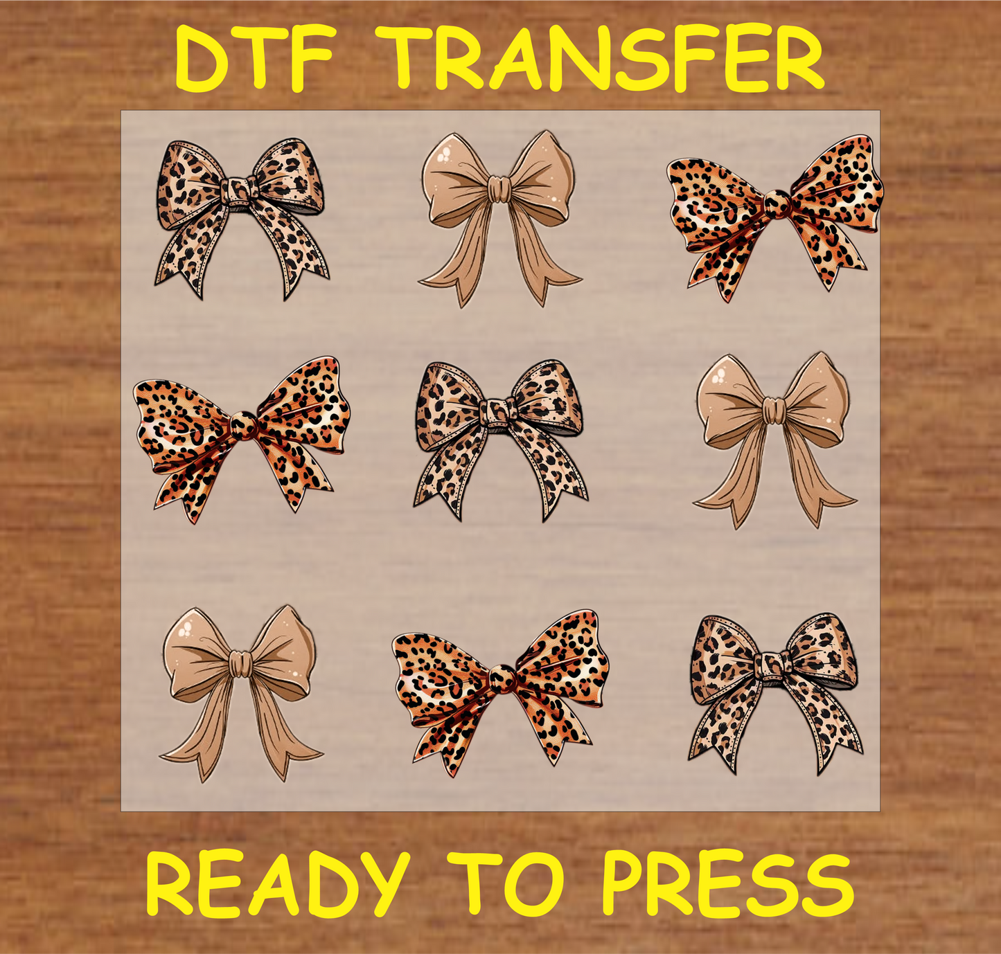 Fall Bows DTF Transfer Sheet featuring multiple bows in warm autumn colors and leopard prints, perfect for custom fall-themed apparel.