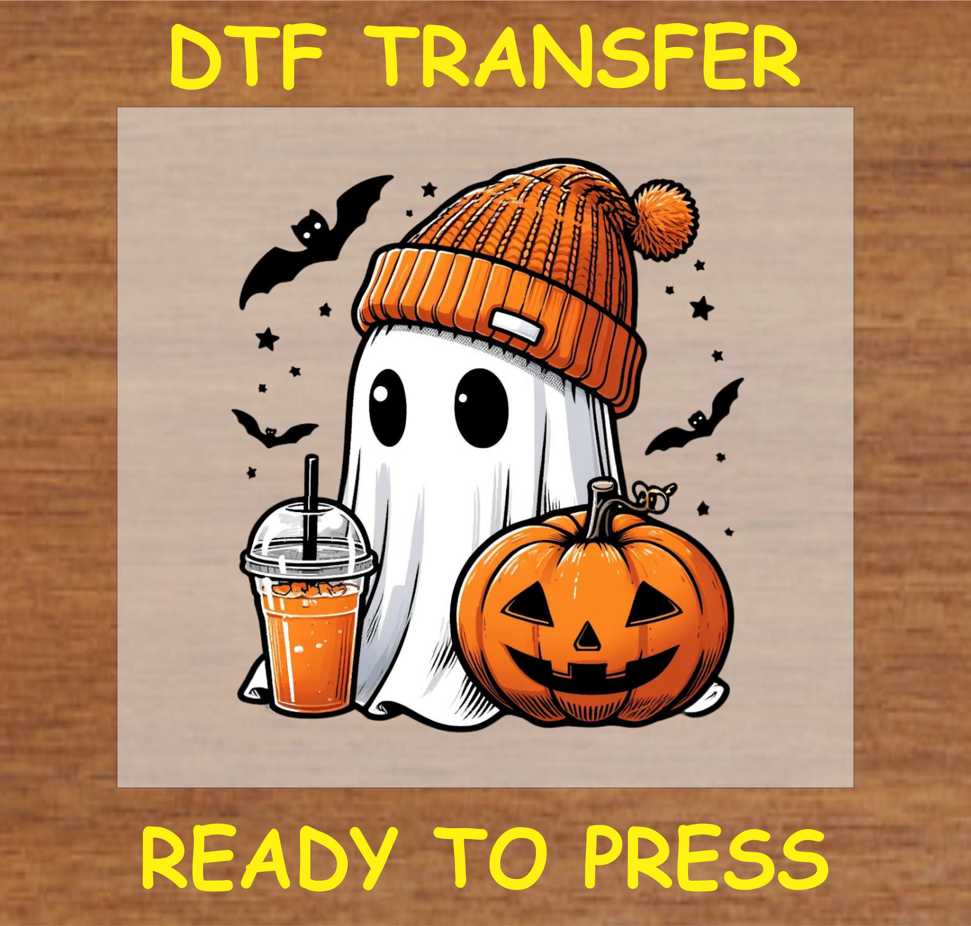 Ghost with Beanie, Pumpkin, and Drink DTF Transfer