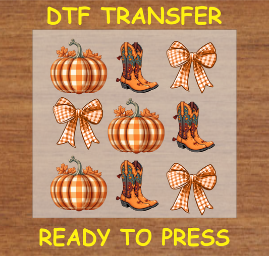 Plaid Pumpkins, Cowboy Boots, and Bows DTF Transfer