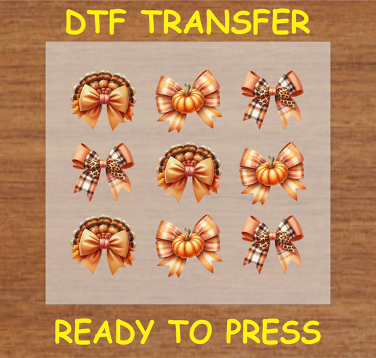 Fall-Themed Bows with Plaid, Pumpkins, and Leopard Print DTF Transfer