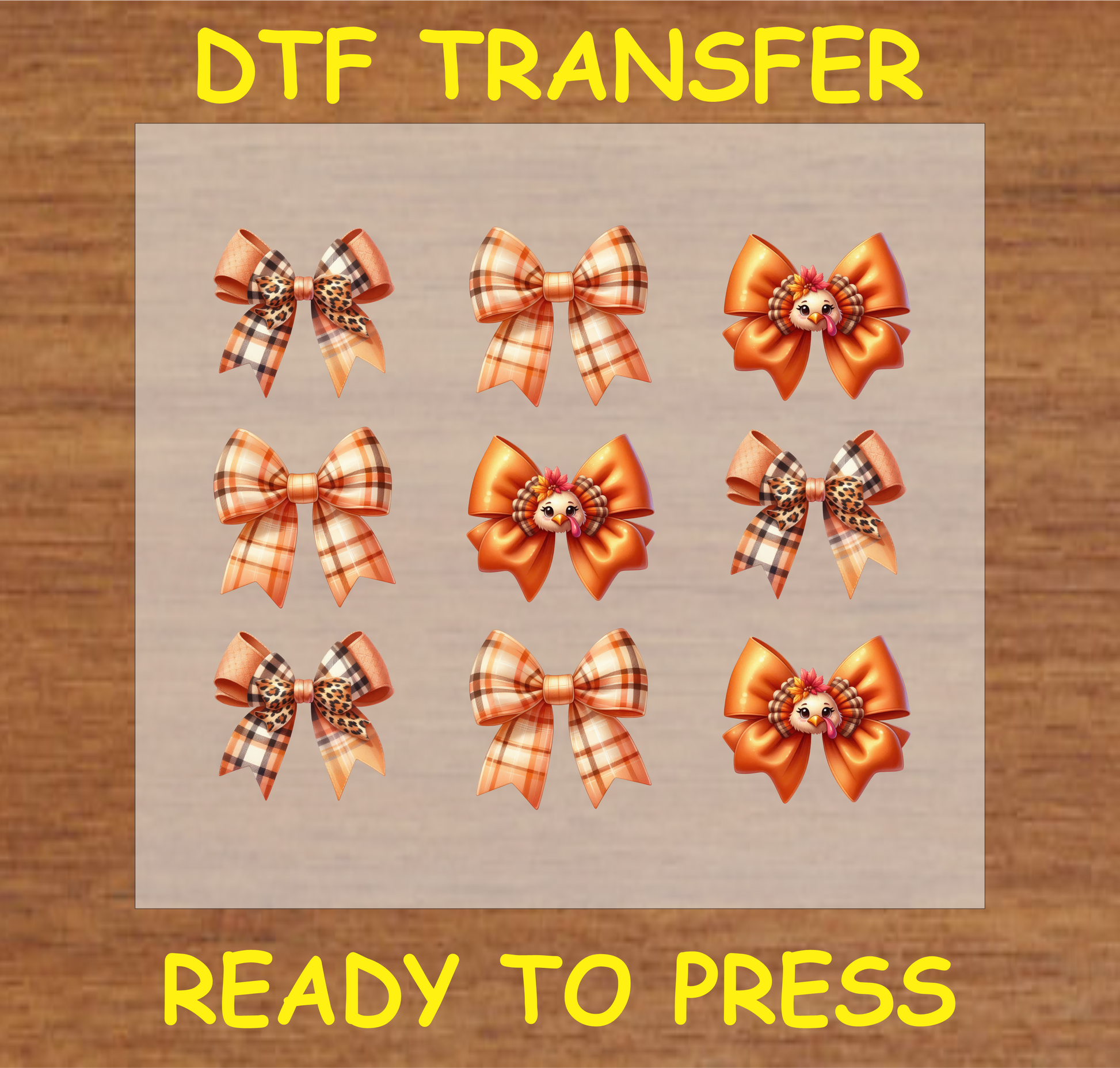 Fall-Themed Bows with Plaid, Leopard Print, and Turkey DTF Transfer