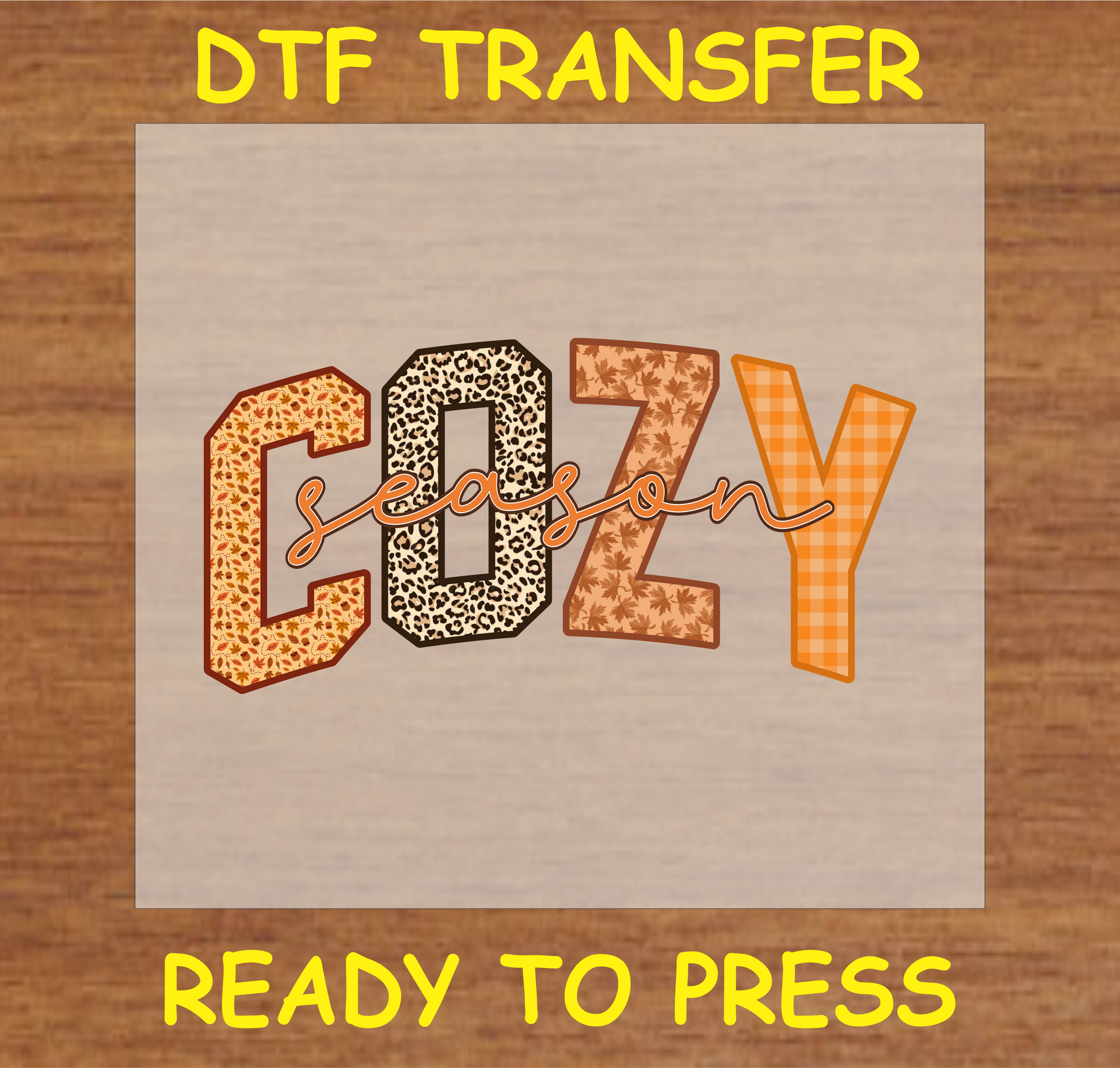 "COZY Season" Fall DTF Transfer with Leopard, Leaves, and Plaid Patterns