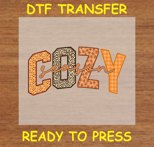 "COZY Season" Fall DTF Transfer with Leopard, Leaves, and Plaid Patterns