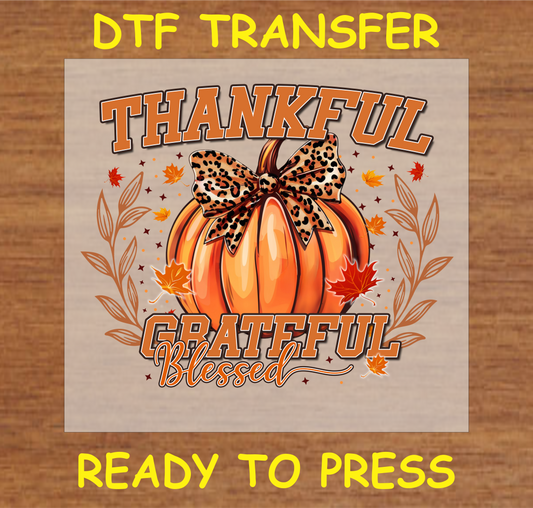 "Thankful Grateful Blessed" DTF Transfer with Pumpkin and Leopard Print Bow