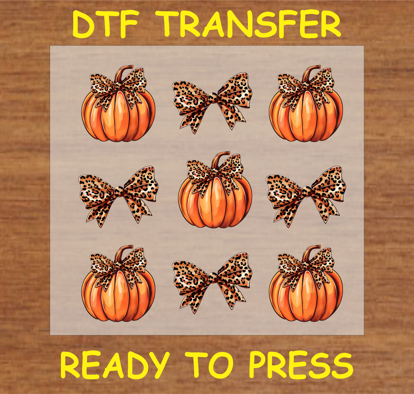 Pumpkin and Leopard Bow DTF Transfer Sheet featuring pumpkins with leopard-print bows and individual leopard bows, ideal for fall-themed custom apparel.