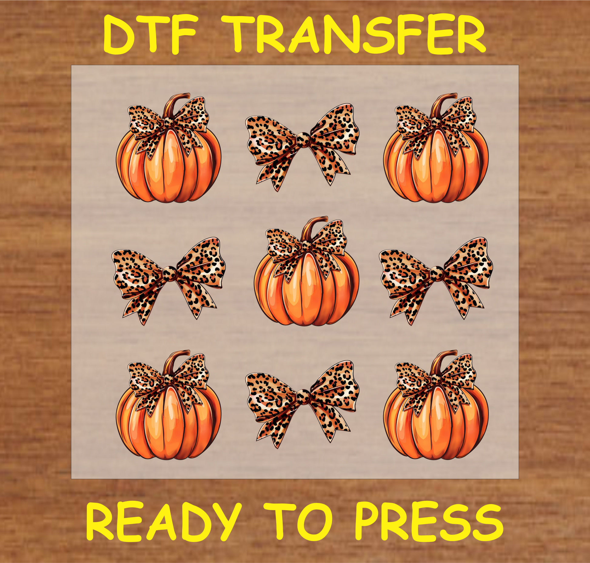 Pumpkin and Leopard Bow DTF Transfer Sheet featuring pumpkins with leopard-print bows and individual leopard bows, ideal for fall-themed custom apparel.