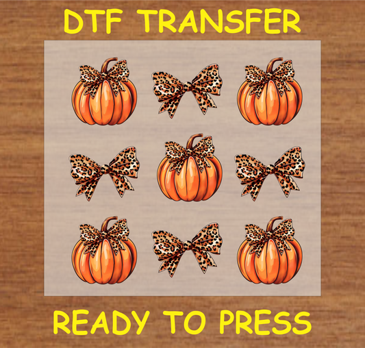 Pumpkin and Leopard Bow DTF Transfer Sheet featuring pumpkins with leopard-print bows and individual leopard bows, ideal for fall-themed custom apparel.