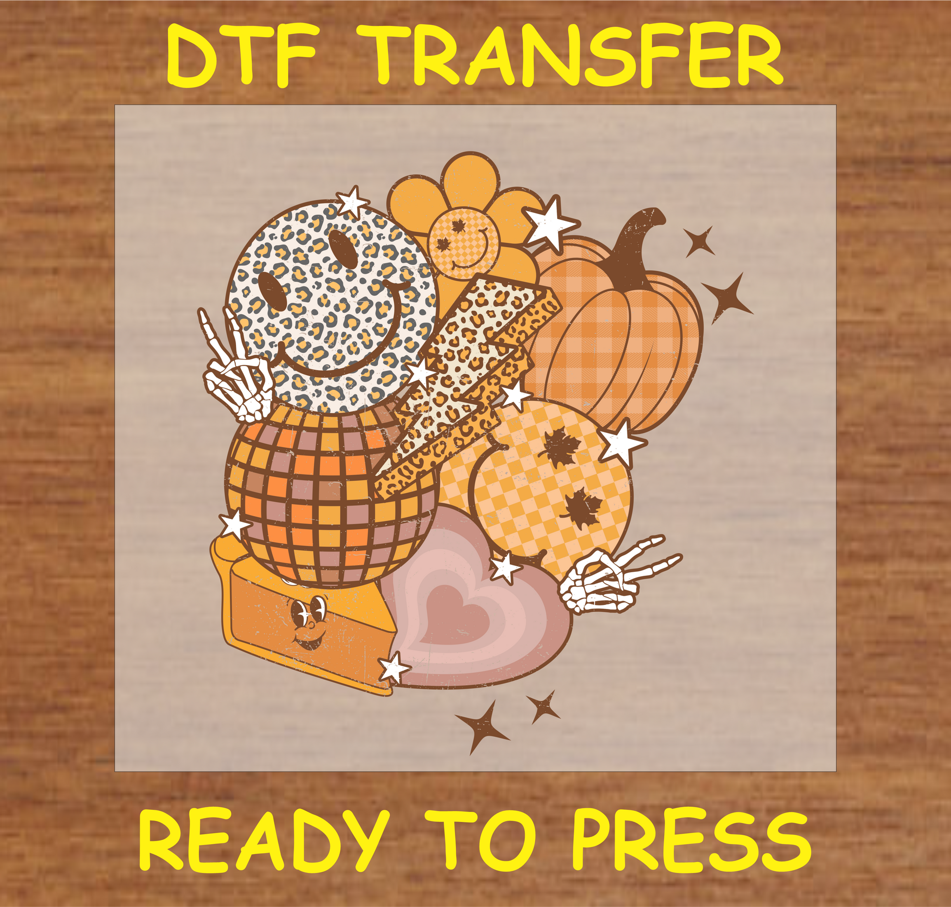 Fall Vibes Smiley DTF Transfer with pumpkins, smiley face, and autumn patterns