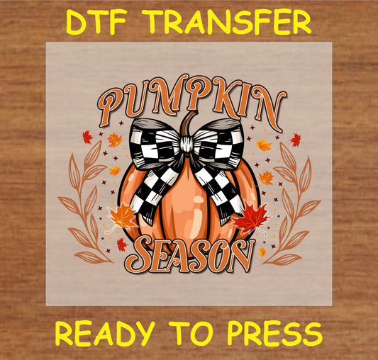 Pumpkin Season DTF Transfer featuring a pumpkin with a buffalo plaid bow and fall leaves, perfect for fall-themed custom apparel.